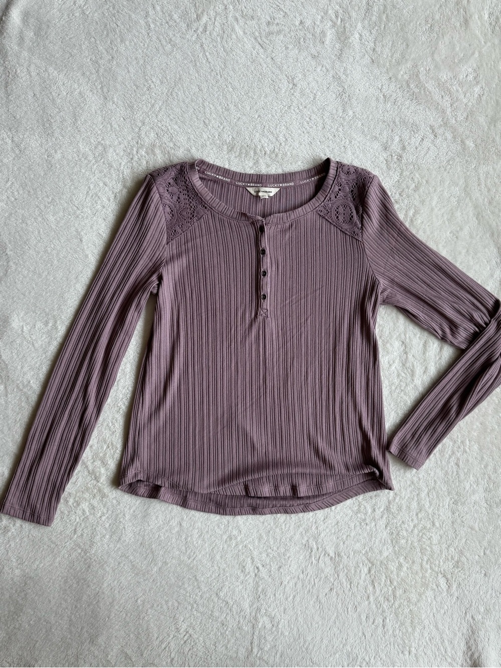 Lucky Brand Lace Yoke Henley Long Sleeve Top Purple M